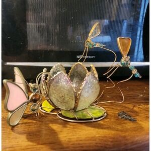 Vintage Stained‎ Glass Lotus Flower Water Lily Candle Holder, Dragonflies, Rare